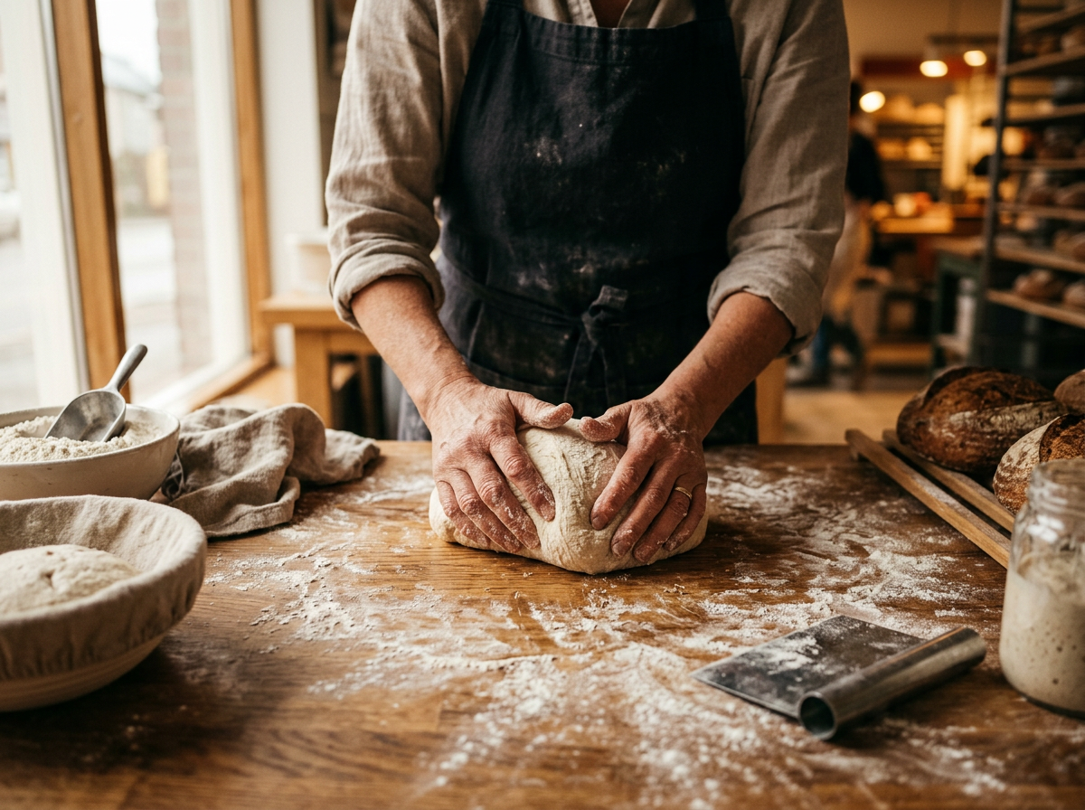 Baker's hands shaping fresh dough on a flour-dusted wooden workstation