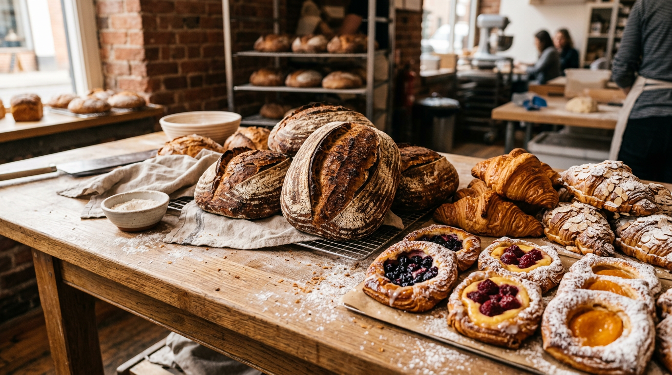 Fresh golden sourdough bread and pastries on a wooden bakery table