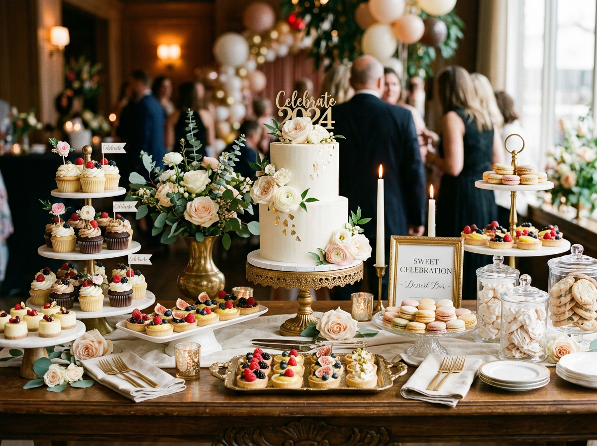 Dessert table assortment with mini tarts and centerpiece cake